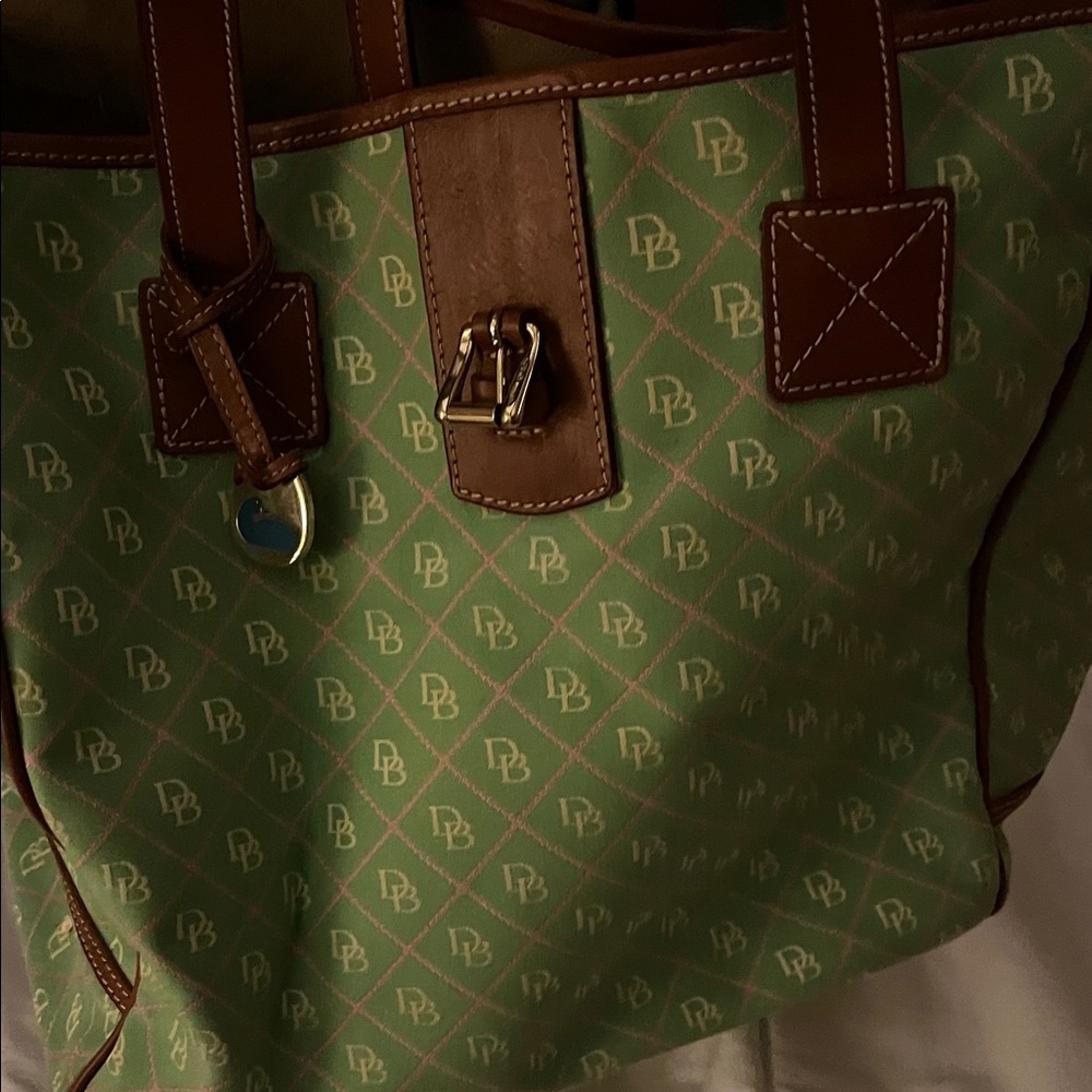 Dooney & Bourke Mint Green Logo Tote with Brown Trim and Gold Hardware